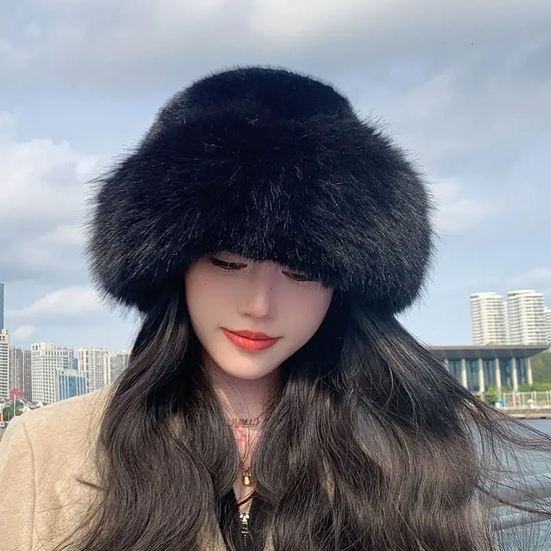 Y2K Fluffy Faux Fur Bucket Hat Women Rabbit Fur Warm Thick Plush Winter Hat Lady Fashion Furry Panama Fisherman Cap 250725