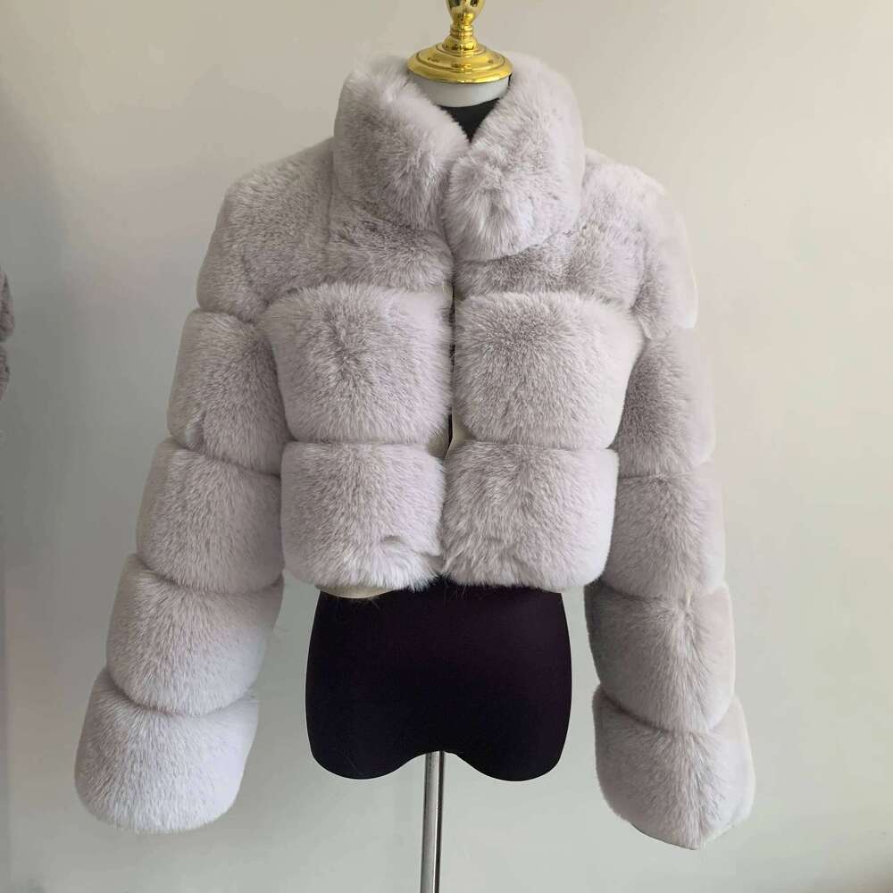 LHXDW women's short faux fur jacket with stand up collar and thick warm winter synthetic fur jacket imitating fox fur leather jacket
