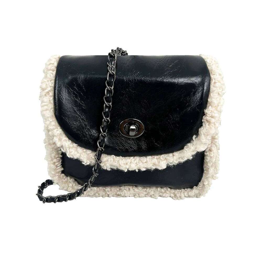 Wool-Edged Chain for Women's Bags One-Shoulder Crossbody Bag with Black and White Plush Edges