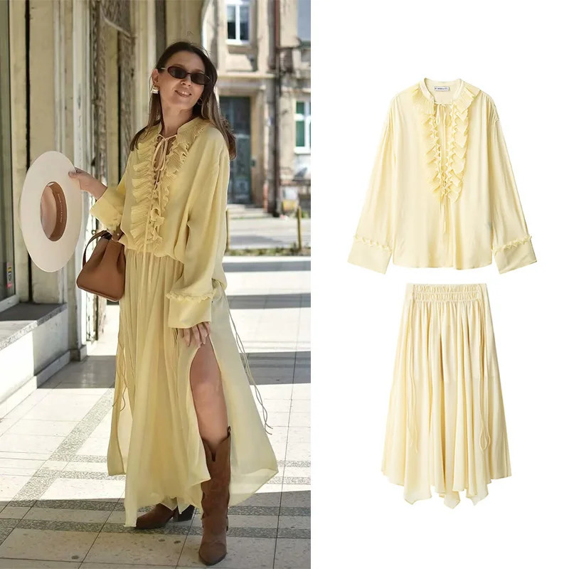 RAFZNB Chiffon High Waist Skirts Sets For Women 2 Pieces Tierred Decoration Loose Shirt Womens Suit Two Piece Set Women Outfits 250721