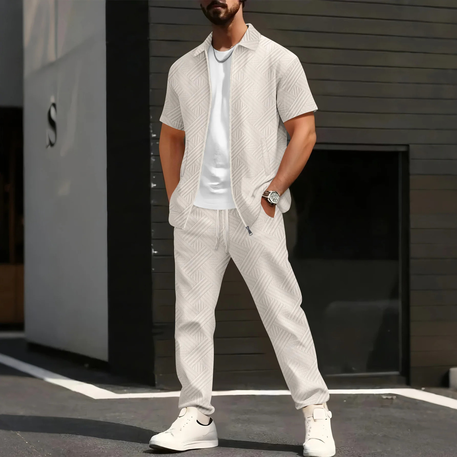 Summer Mens Solid Color Jacquard Cardigan Short-Sleeved and Long Pants Casual Set Fashionable and High-Quality Two-Piece 250725