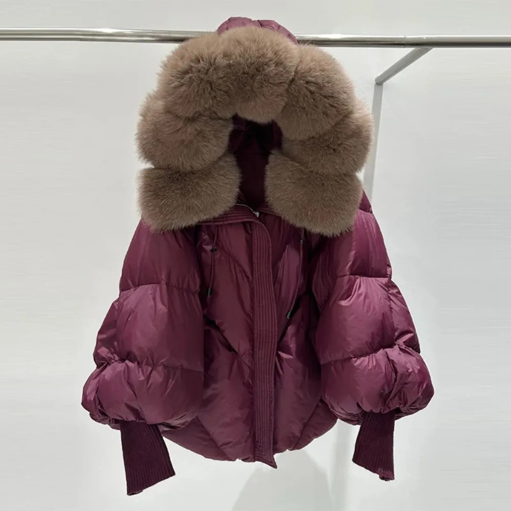 White Duck Down Coat Women Fur Jacket Hooded Puffer Jacket Thick Warm Knitted Sleeve Mid Long Parka Winter Large 250725