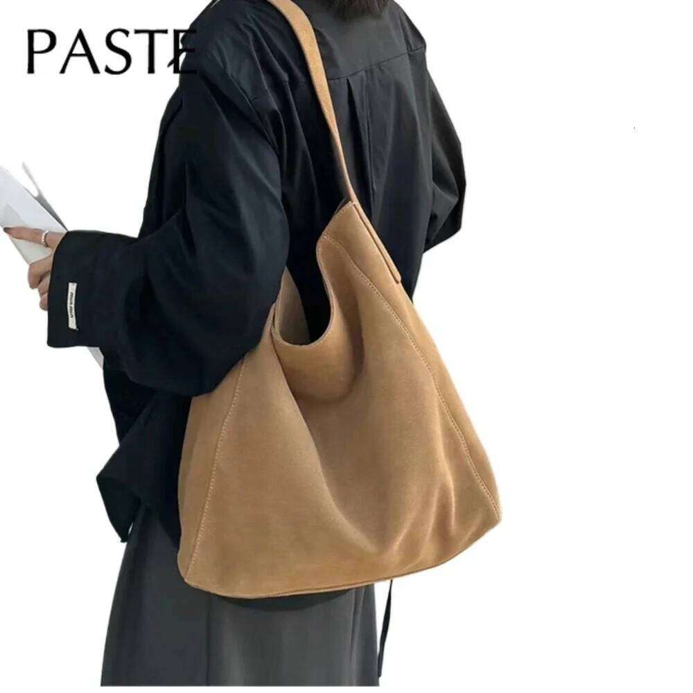 European And American Lazy Style Large Capacity Frosted Cowhide Travel Tote Winter Suede Leather Women Handbag Camel MDNG