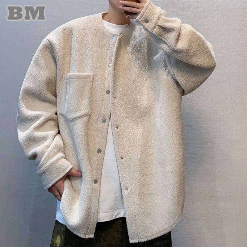 Autumn Winter Korean Streetwear Thin Fleece Vintage Trendy Collarless Jacket For Men Women Hip Hop Fashion Thick Coat Male 250726