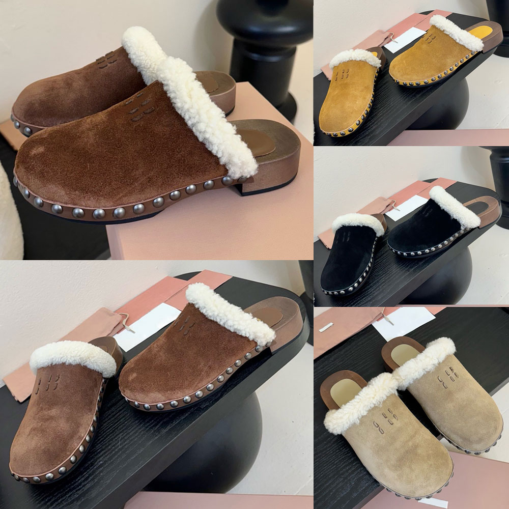 5Z504E Suede clog Womens Designer Clog Cocoa Brown Upper with leather sign Wood clog sole softness shearling Autumn Winter Indoor outdoor warm comfo