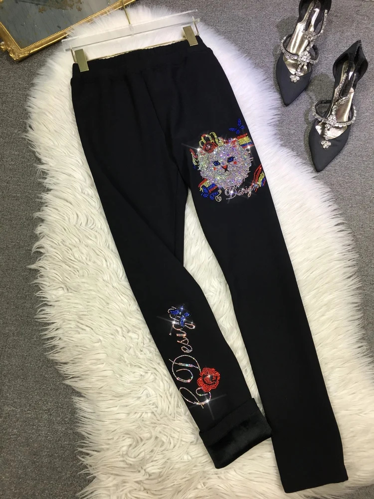 Thicken Fleece Women Bottoming Pants Cute Cat Drilling Stretch Skinny Leggings Ankle-length High Waist Autumn Winter Legging 250724