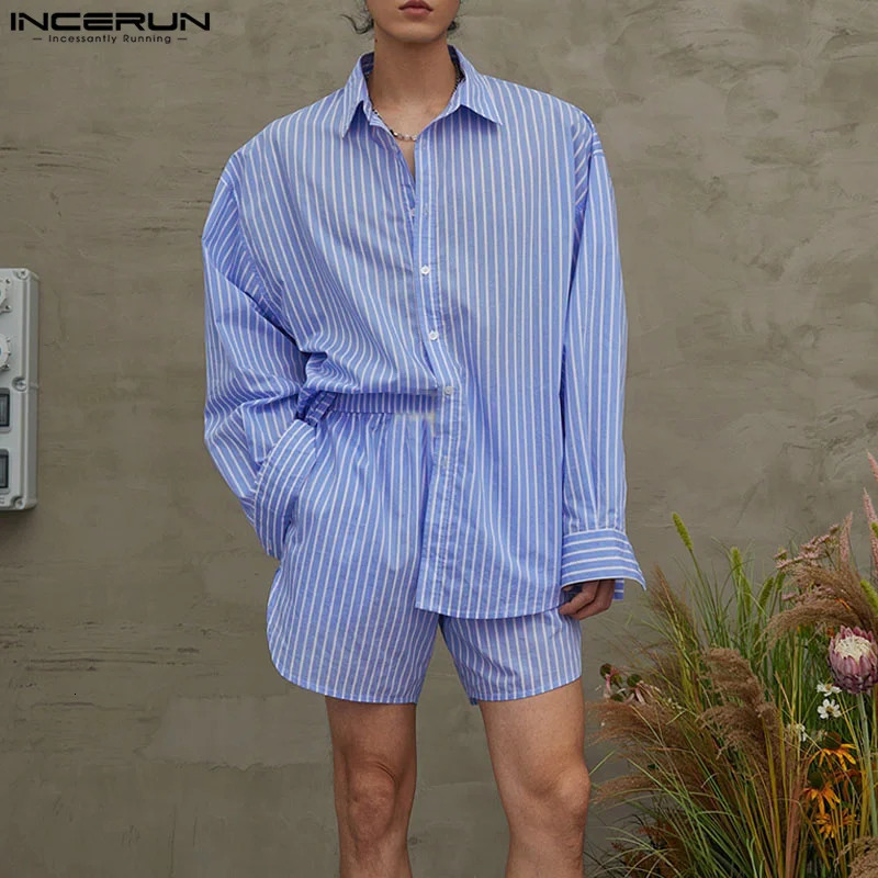 INCERUN Korean Style Fashion Striped Sets Mens Long Sleeve Shirt Shorts Casual Streetwear Male Loose Two-piece Sets S-5XL 250725