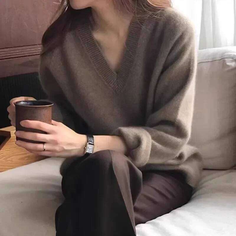 Women's Autumn Winter V-Neck Cashmere Sweater 100% Pure Mountain Thick Short Pullover Loose Knit Long Sleeve Bottoming Shirt MDNG