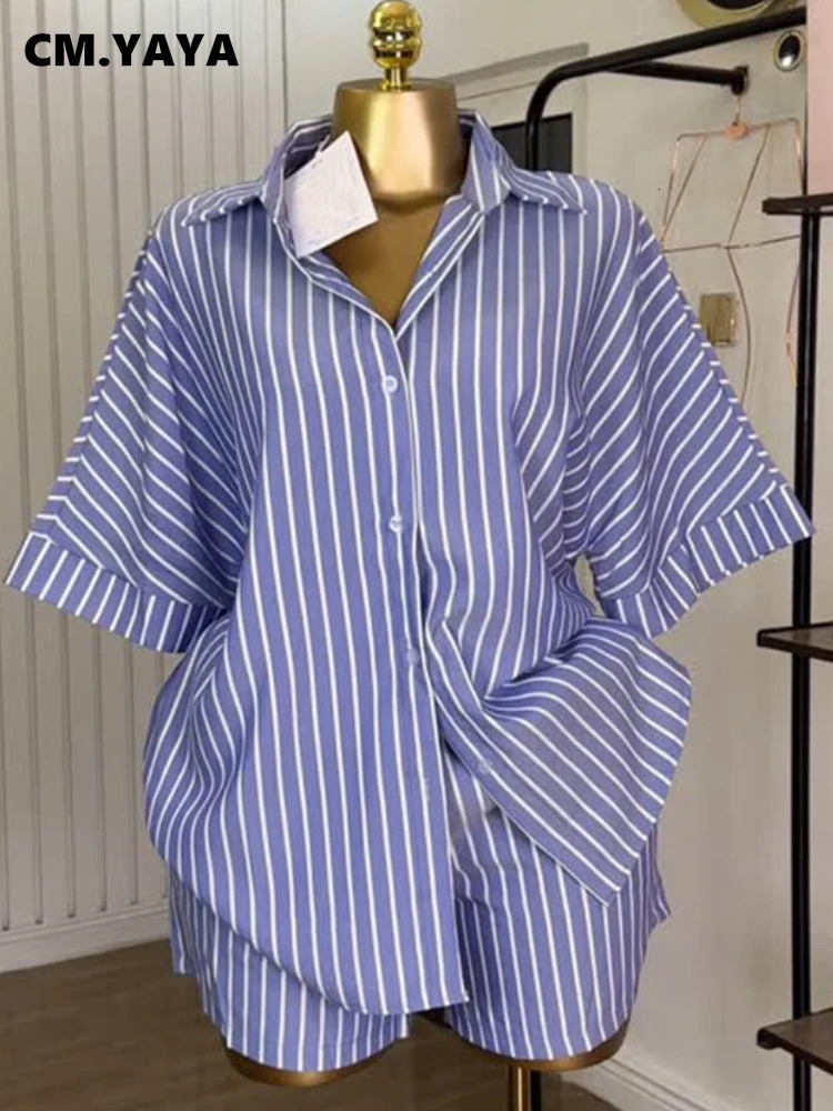CM.YAYA Fashion Striped Womens Set Half Sleeve Turn-down T-shirt and Shorts Summer Chic Two 2 Piece Sets Outfit Tracksuit 250724