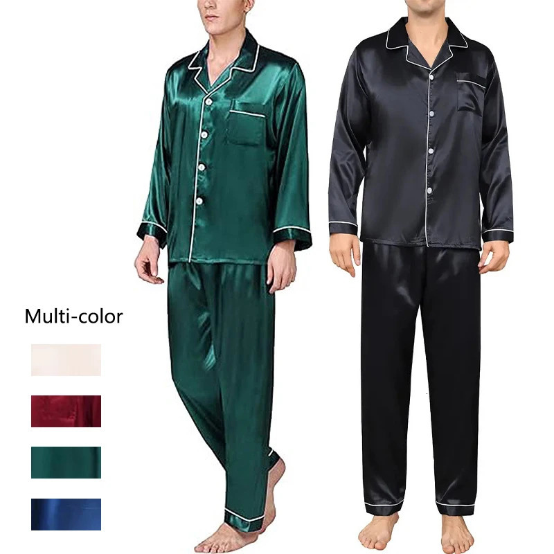 2PCS/Set Plus Size Solid Long-Sleeved Pyjamas Men Spring and Autumn Silk Sleepwear Homewear Cardigan Lapel Trousers Nightwear 250724