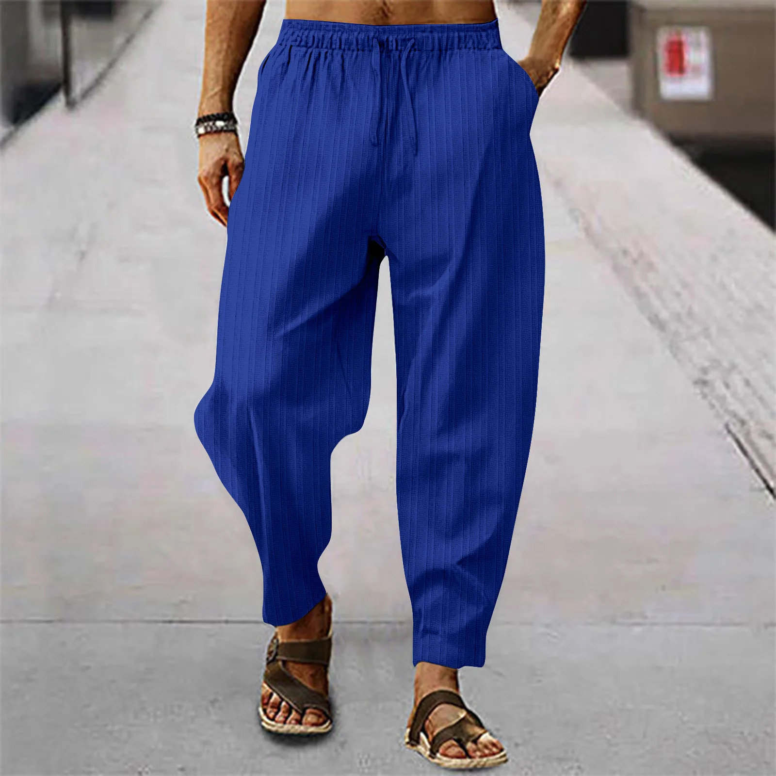 Hip Hop Mens Breathable Blend Cotton Stripe Loose Casual Sports Calf Summer Style Trousers 250724
