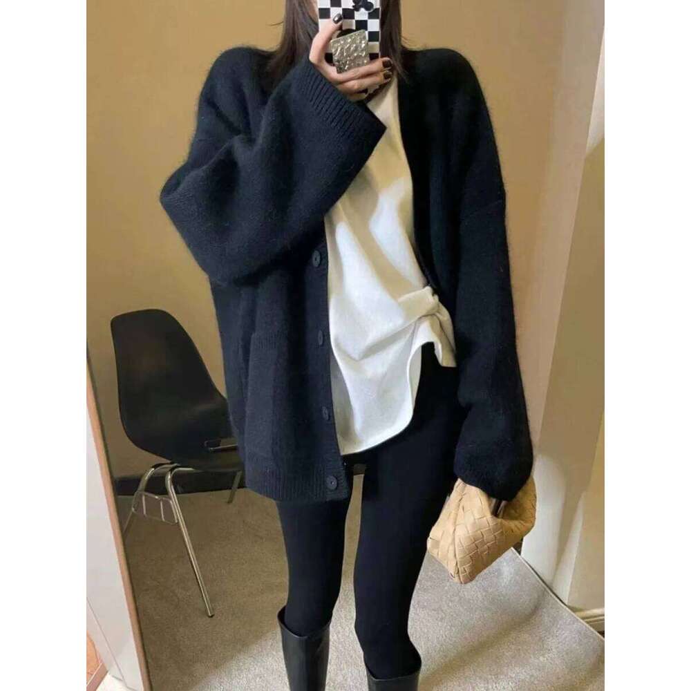 European Station Cashmere Cardigan Women's V-Neck Mid-Length Loose Thick Silhouette Sweater 100 Pure Wool Knit Coat MDNG