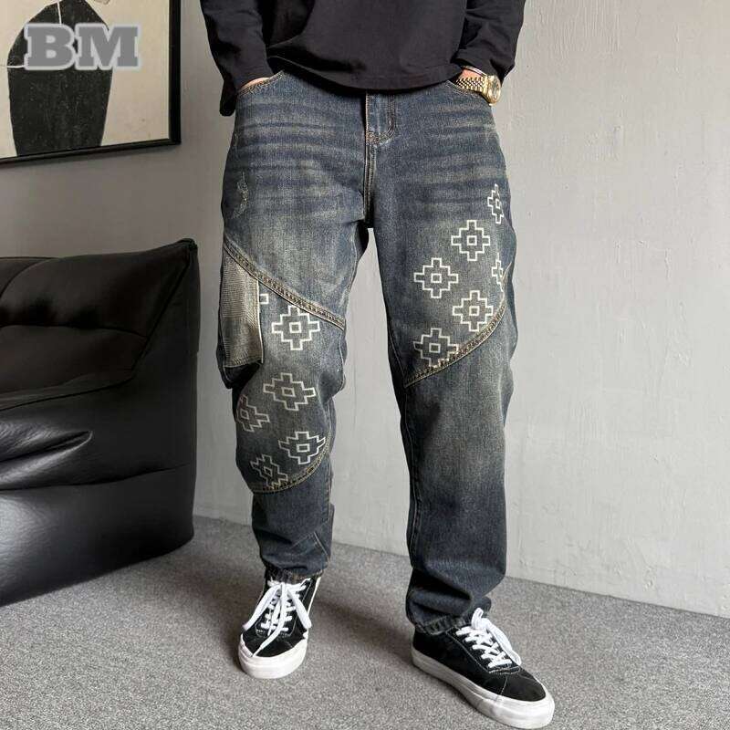 Japanese Streetwear Patchwork Print Trendy For Men Haruku Straight-Leg Denim Cargo Pants Fashion Trousers Hip Hop Jeans 250726