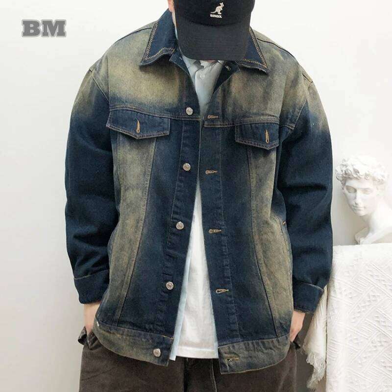 American Vintage Heavyweight Denim Jackets For Men Distressed Washed Fade Korean Streetwear Casual Coat Outerwear High Quality 250728