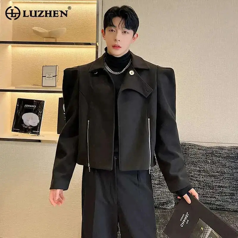 Luzhen High Street Elegant Mens Jacket Stylish Clothes Original Shoulder Pad Zipper Short Woolen Coat Trendy LZ7923 250724