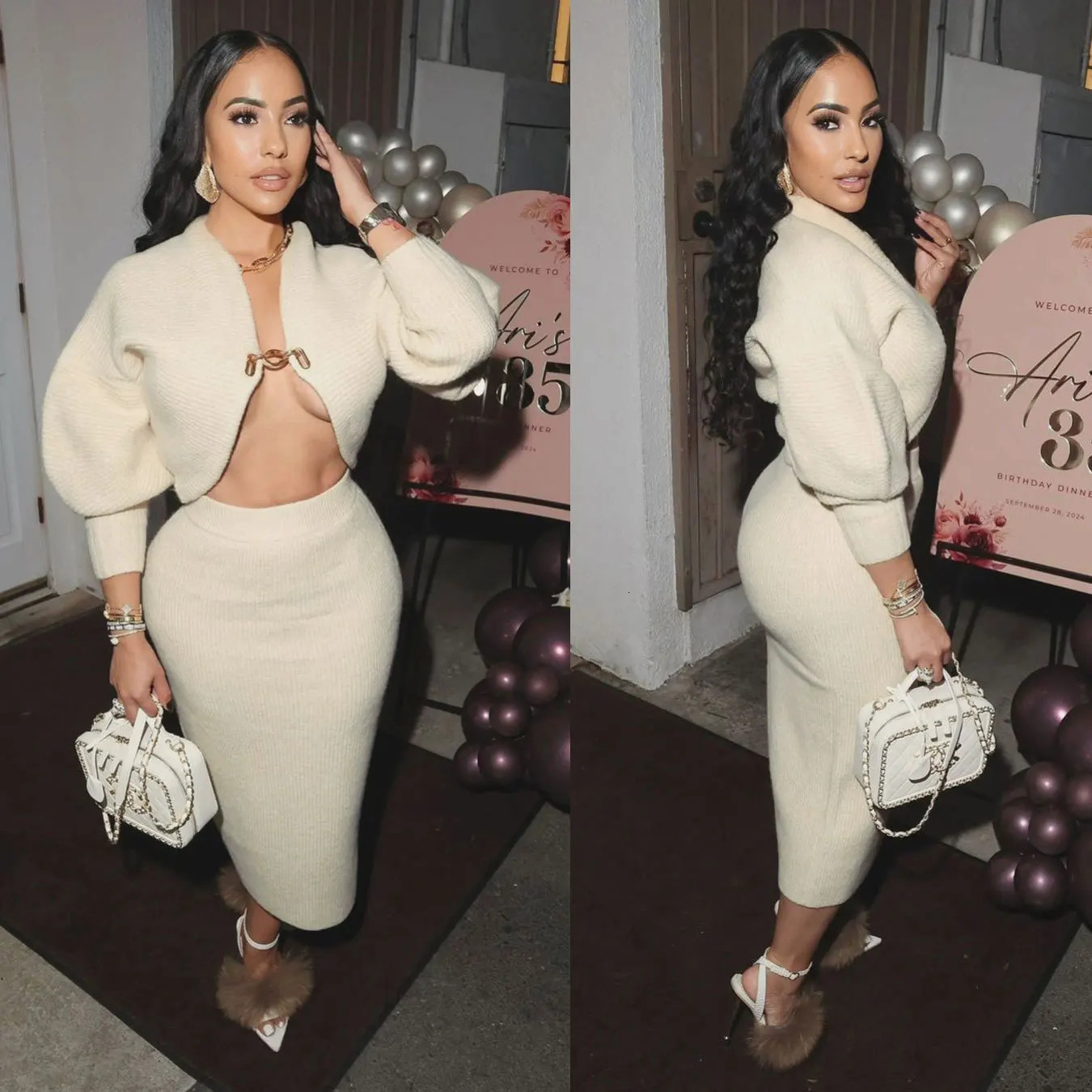 Womens Two-piece Long Sleeved Cardigan Silhouette Sweater Hip Hugging Skirt Set 2025 Autumn 250728