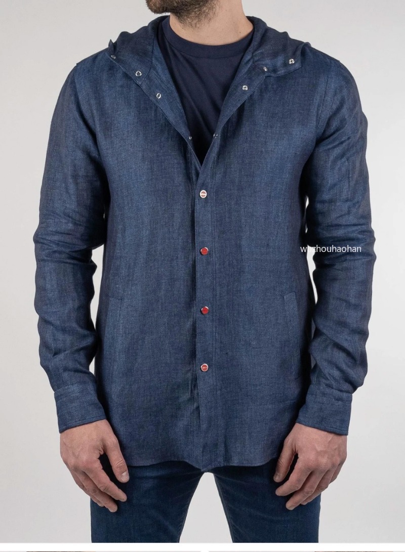Mens Hoodies Spring and Summer Dark Blue Enamel Button-down Linen kiton Hooded Shirts K1289