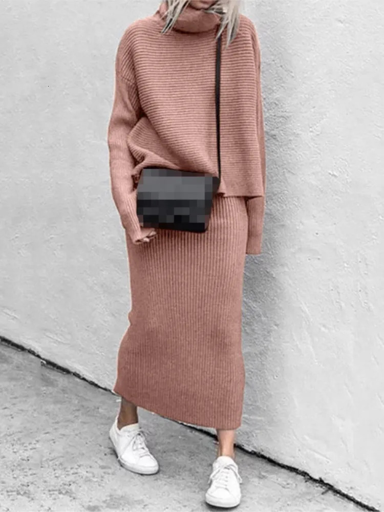 Autumn Winter Womens Woven Mid Length Skirt Set Solid Color Casual Long Sleeved High Neck Warm Comfortable Sweater 250728