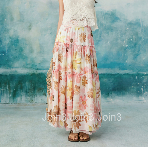 Summer New Vacation Style High Waist Elegant A-line Long Skirt Printed Mulberry Silk High-end Half Skirt 1869