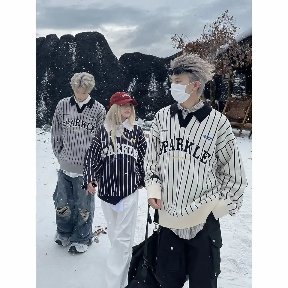 American Retro High Street Sports Style Striped Embroidered Sweater for Male Couples Loose Baseball Polo Collar Knit Jacket 250723