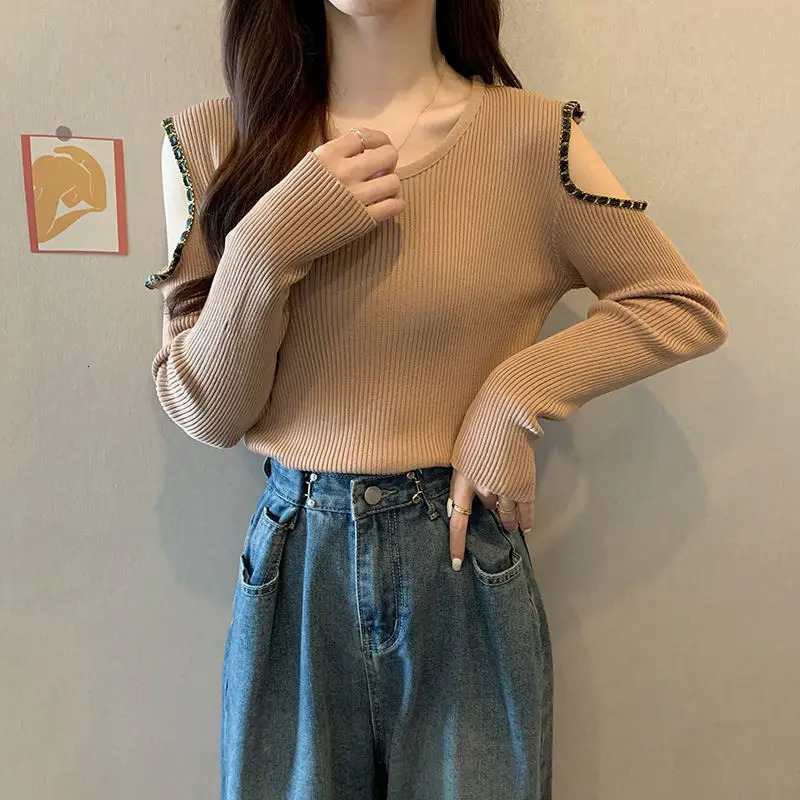 Spring Autumn Striped Slim Off Shoulder Sweet Pullovers Long Sleeve Contrast Korean Base Shirt Fashion Casual Women Clothes 250725