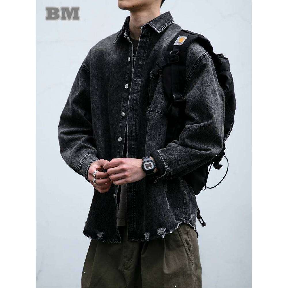 American Streetwear Wash Denim Shirts For Men Haruku Casual Men's Clothing Vintage Blue Lapel Cargo Coat Korean Long Sleeve 250728