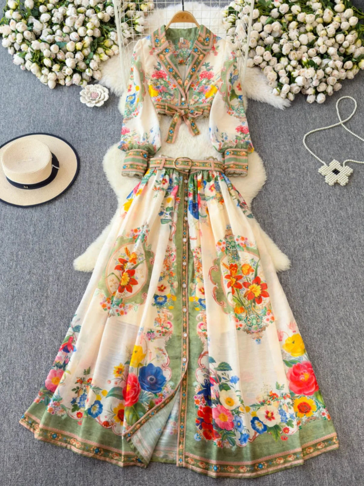 2025 Spring French Style Elegant Dress Two Piece Sets Notched Collar Long Sleeve Top High Waist A-line Skirts Vintage Print Suit 250728