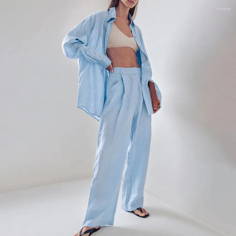 Women's Two Piece Pants Cotton Linen Women Casual Two-pieces Set 2025 Fashion High Street Long Sleeve Lapel T-Shirt Top Loose Pocket Suit