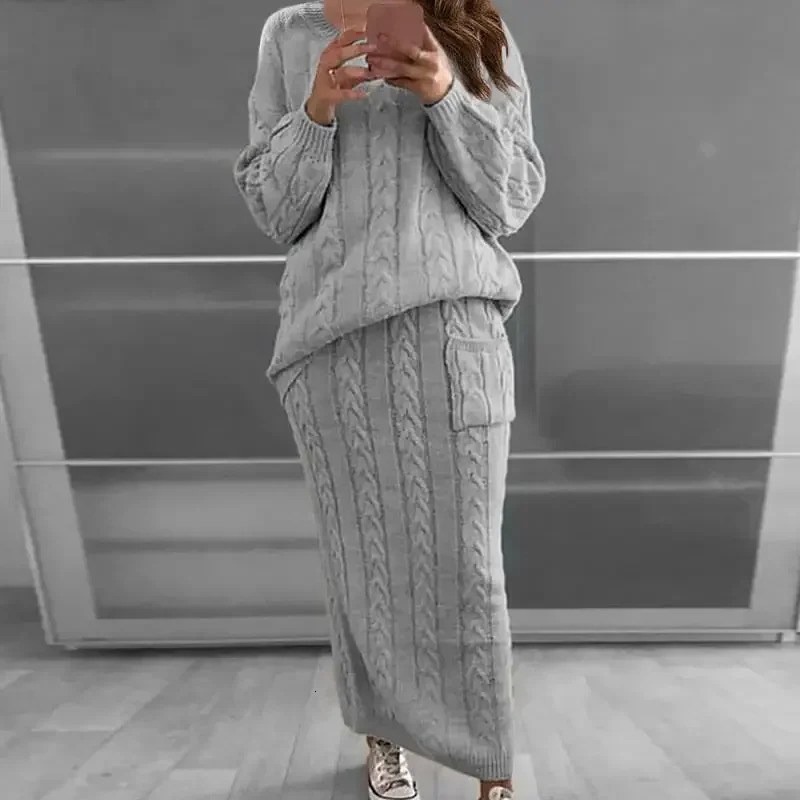 Sweater Women Set Autumn and Winter Two Piece Sets Women O-neck Knit Sweater Tops and Knit Skirt Set Solid Casual Warm Dress Set 250728