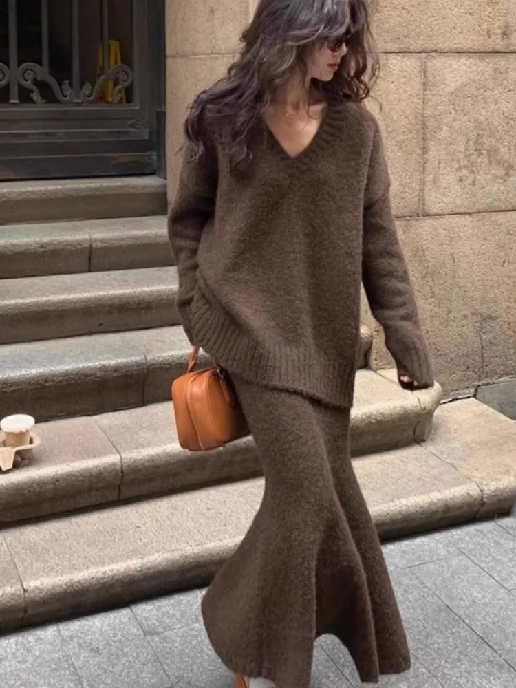 Elegant Solid Sweater Skirts Suits for Women Autumn Winter Fashion V-Neck Pullover Knitted Top Loose Skirt Casual Two Pieces Set 250728