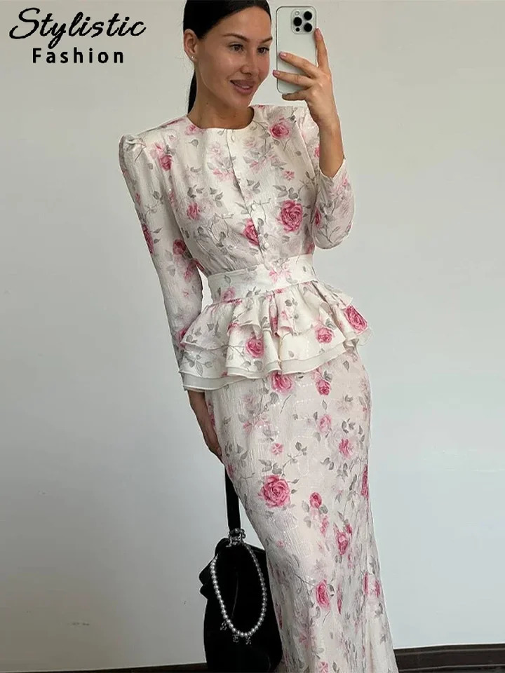 Elegant Print Skirts Set Women With Belt O neck Puff Sleeve Single Breast Top Slim Hip Package Midi Skirt Office Lady Suit 250724