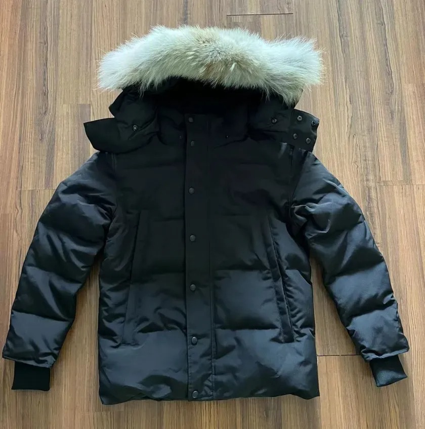 Winter goose fur hooded leather winter down jacket mens parka coat