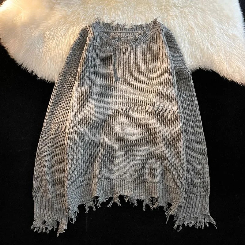 Vintage Hole Tassels Sweater Men Women Autumn Long Sleeves Knit Tops Fashion Loose Knitted Pullover Couples Unisex Streetwear 250723