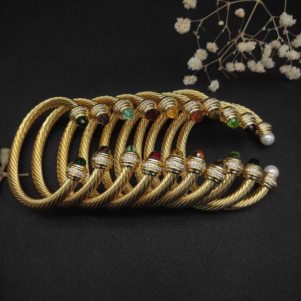 7mm Designer Fashion Vintage Cable Bracelet Jewelry Pearl Women Men Cuff Bangle Size Holiday Gift High Quality Bangle gold inlaid stone drill bracel