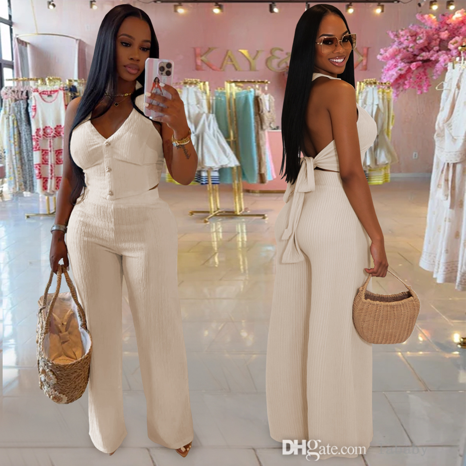 Knit Ribbed Womens Tracksuits Fashion Sexy 2 Piece Set Women Halter Neck Backless Crop Top And Wide Leg Pants 2025 Summer High Street Track Suit Out