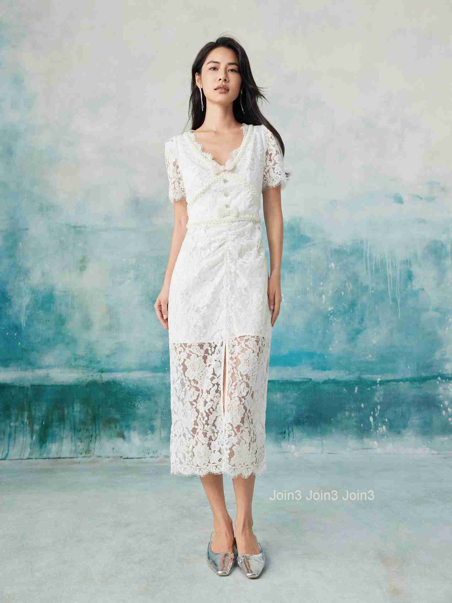 Summer New Handmade Beaded Elegant Lace Dress with Bow V-neck High-end Gown 6765
