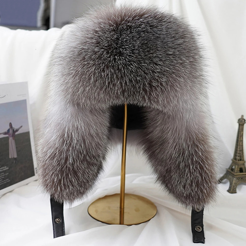 Winter Cap Man 100% Real Sliver Fox Fur Bomber Hat Mens Raccoon Fur Hat Ushanka Cap Trapper Russian Ski Caps Hats Real Fur Hat 250725