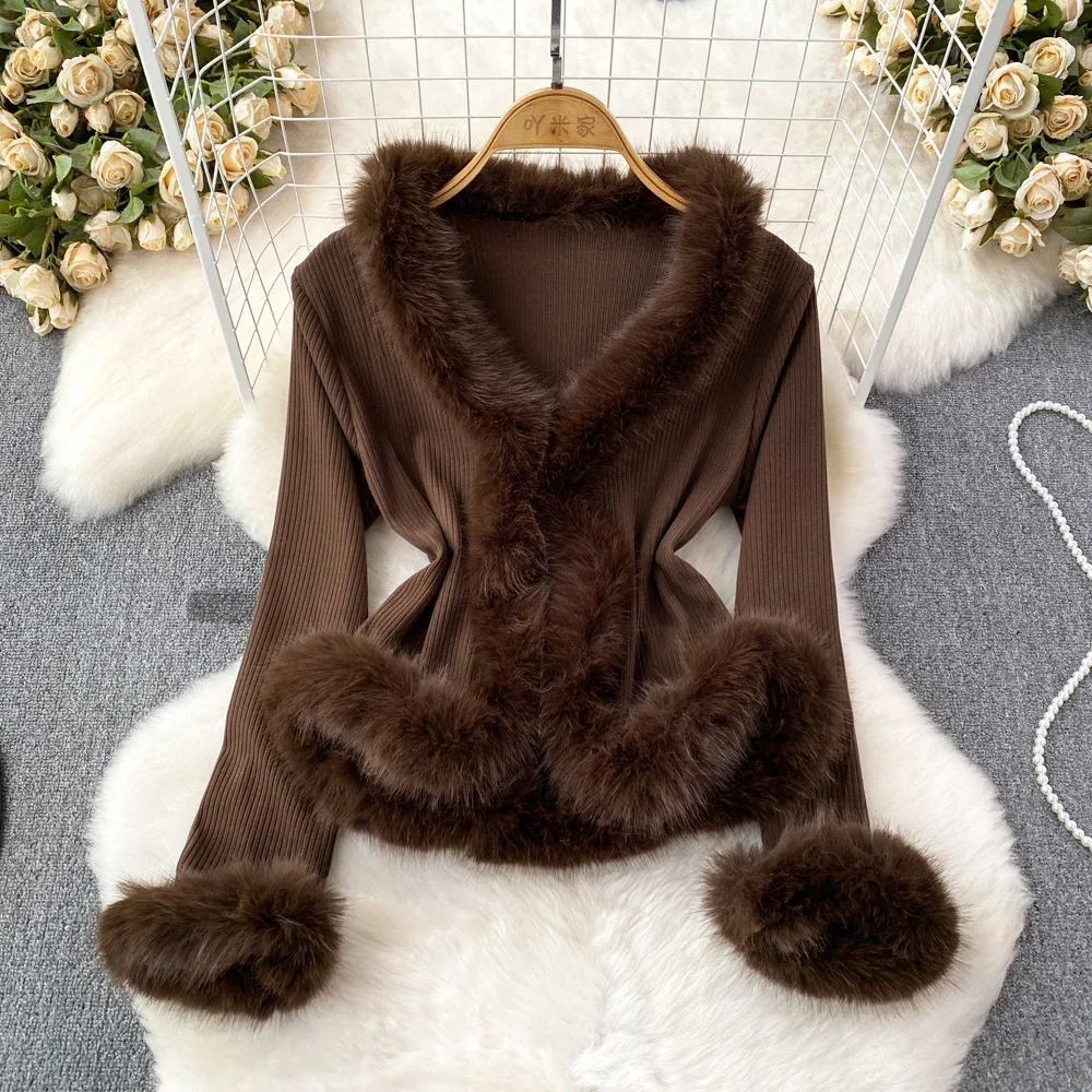 French Chic Sweater Women V-neck Long Sleeve Fur Patchwork Female Autumn Jumpers Single Breasted Elegant Pullovers Drop 250724