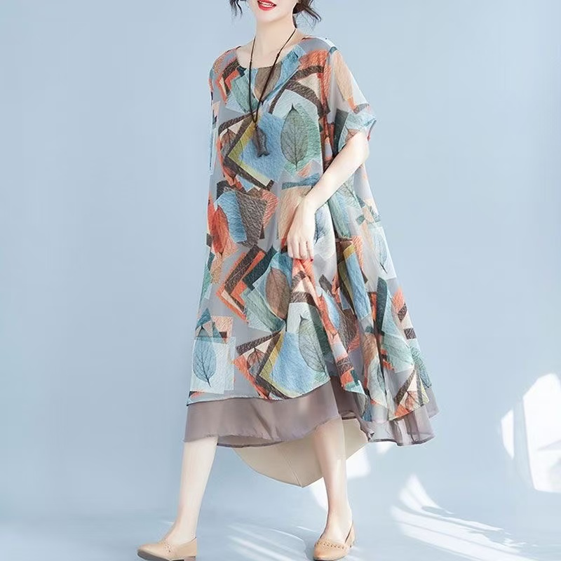 Robe de banquet imprimée à manches longues, grande taille, taille haute, jupe mi-longue pour femmes, nouvelle collection, D02420