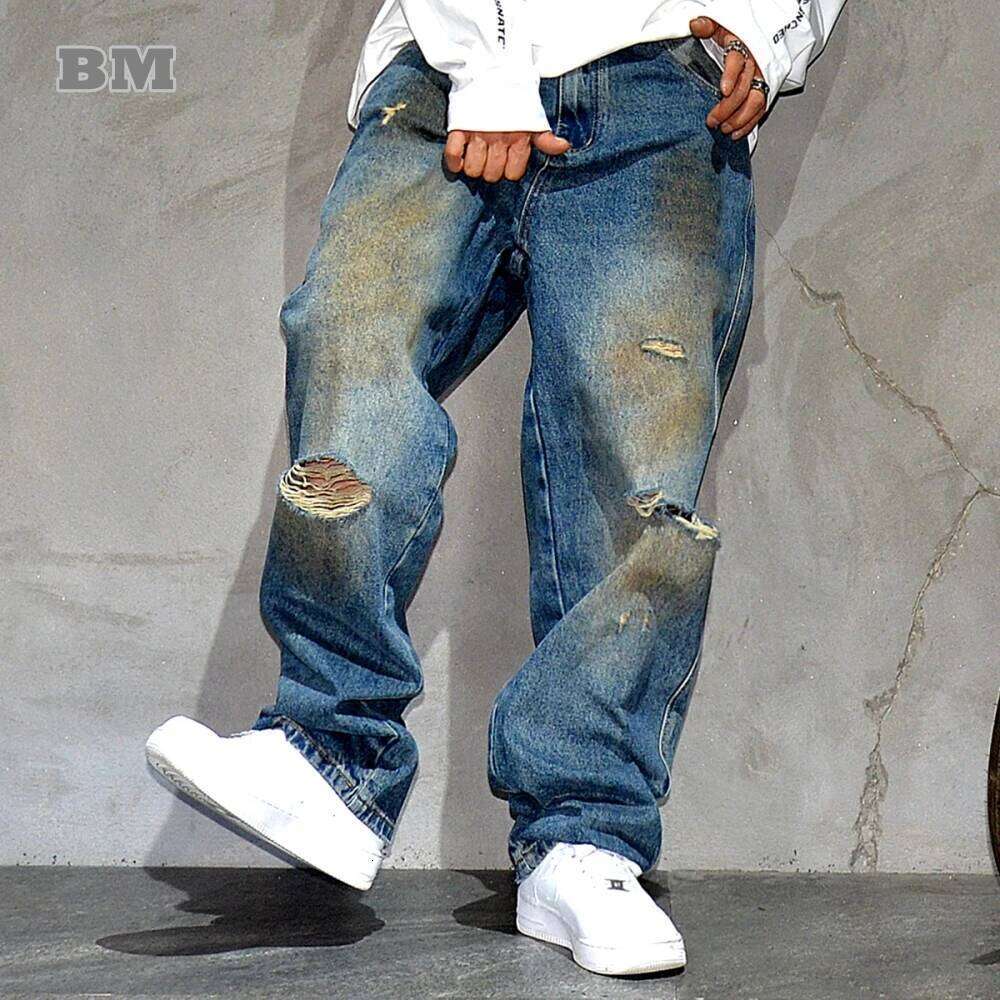 American Vintage Baggy Mens Clothing High Quality Korean Hip Hop Ripped Jeans Streetwear Skateboard Denim Pants Trousers 250728