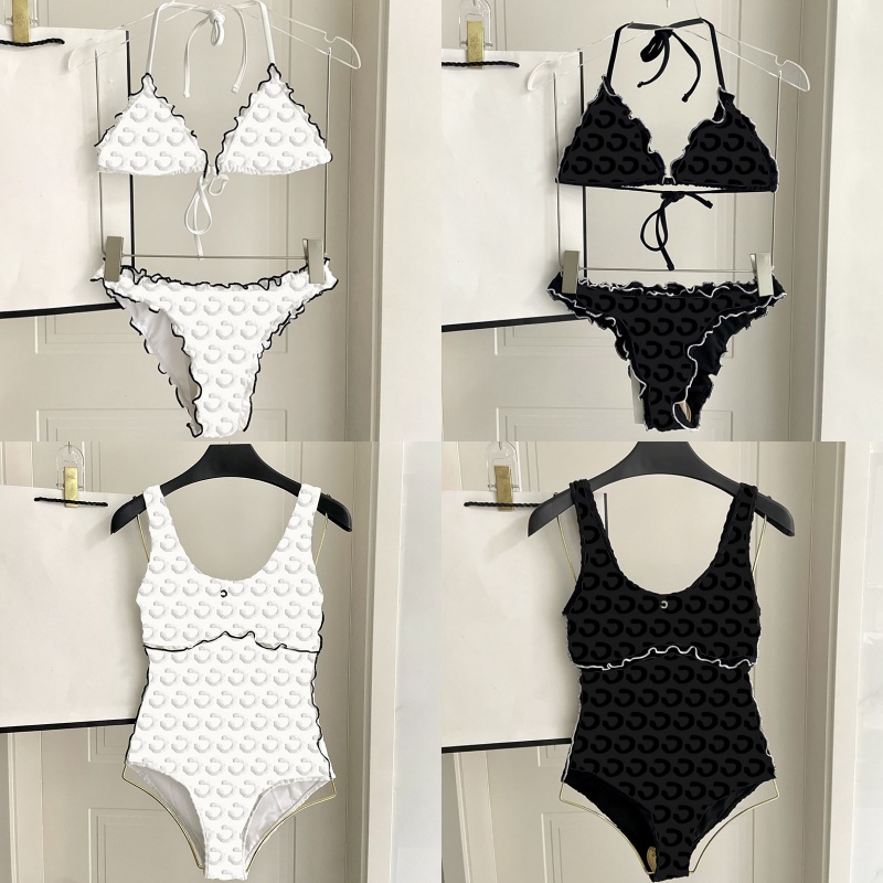 Luxury Letter Flocking Bikinis Swimwear Womens Sexy Padded One Piece Swimsuit Designer Contrast Color Ruffled Edge Swimsuits Black White Bikini S-image-961483553