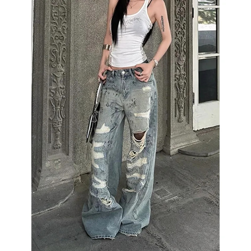 American Fashion Womens Irregular Hole Wash Straight Jeans Summer Trendy High Waist Wide Leg Denim Pants Female 250724