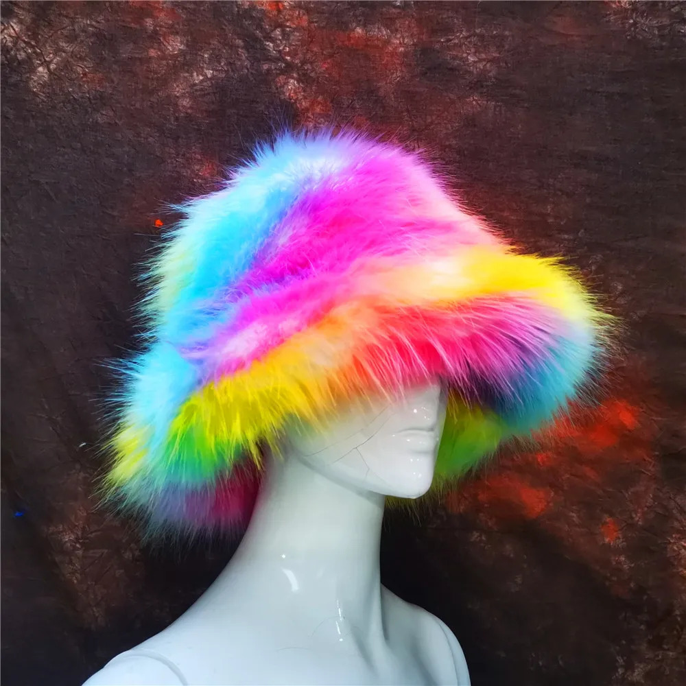 Autumn Winter Women Keep Warm Rainbow Faux Fox Fur Basin Cap Female Fashion Casual Party Bucket hat Music Festival Thickened Hat 250725