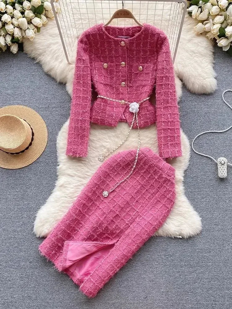 Autumn Winter Fashion Rose Red Woolen Two Piece Set Women Golden Button Chain Belt Tweed Short Jacket CoatSplit Midi Skirt Suit 250728