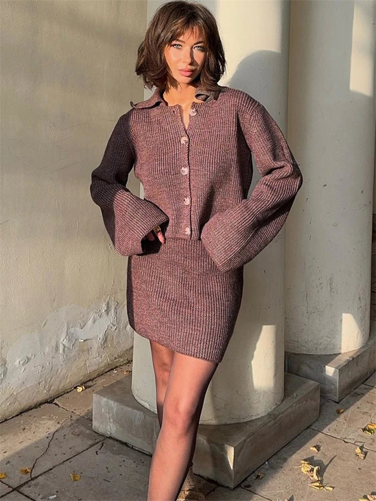 TARUXY Womens Knitted Suit Lapel Flare Sleeve Cardigan Skirt Autumn Winter Fashion Solid Slim Female Sweater Two Piece Sets 250728