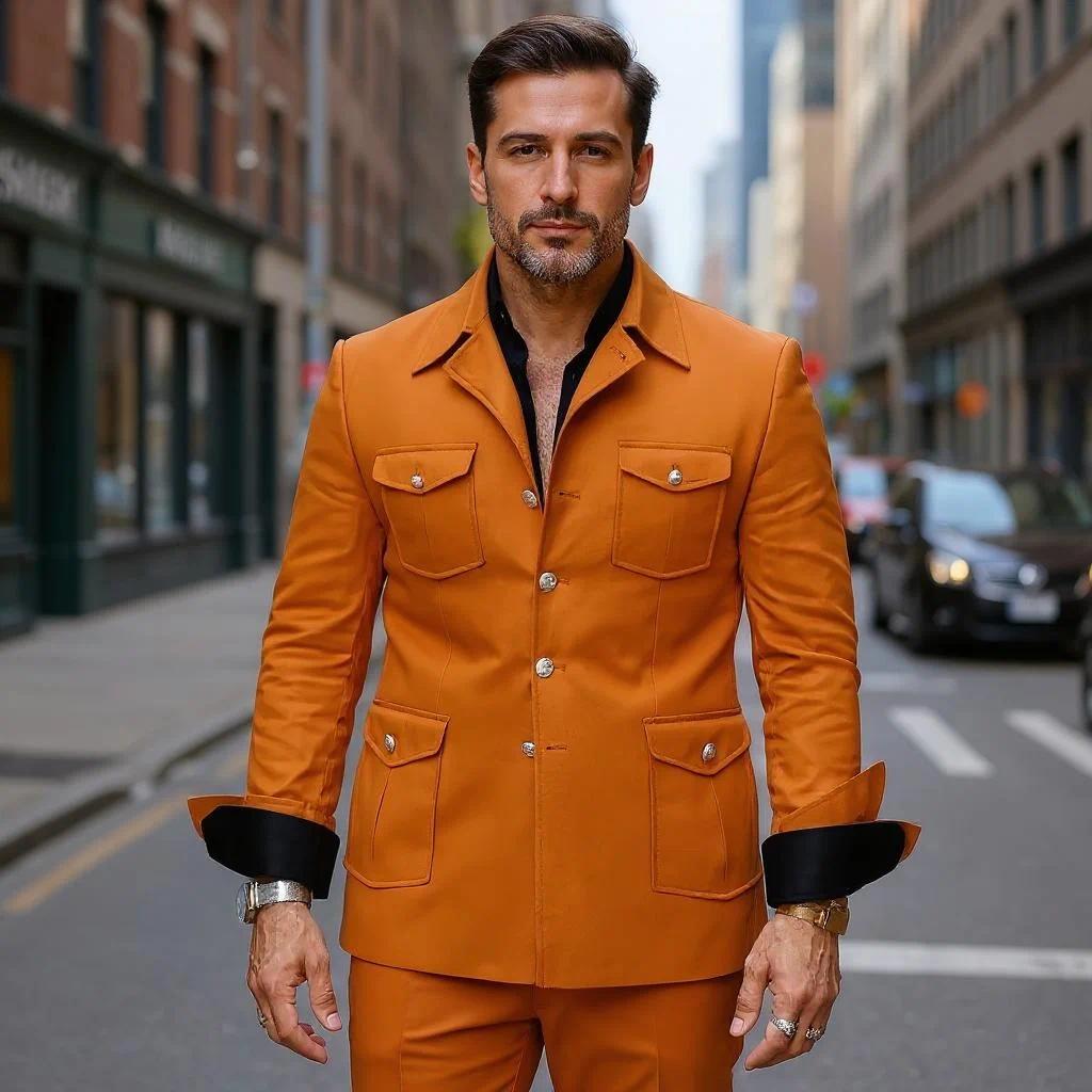 Safari Men Suits for Prom 2 Pieces Set Fashion Design Business Wedding Tuxedo Tailored Orange Casual Jacket with Pants