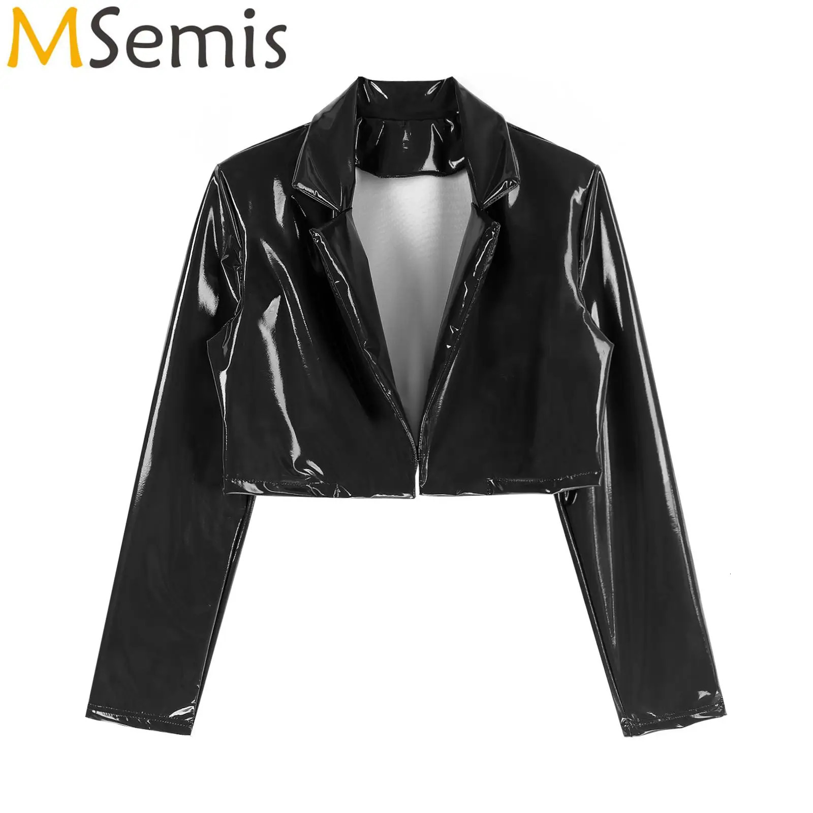 Mens Wet Look Long Sleeve Cropped Coat Lapel Patent Leather Jacket Motorcycle Coats Stage Performance Rave Party Costumes 250724