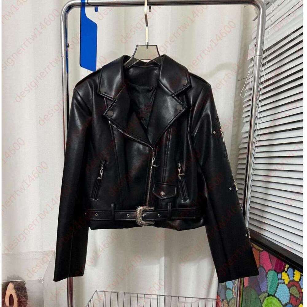 coats designer women Black Leather Moto Chrome Jacket long sleeve high quality Belted Cross Zippers Punk trendy and cool autumn jackets womens