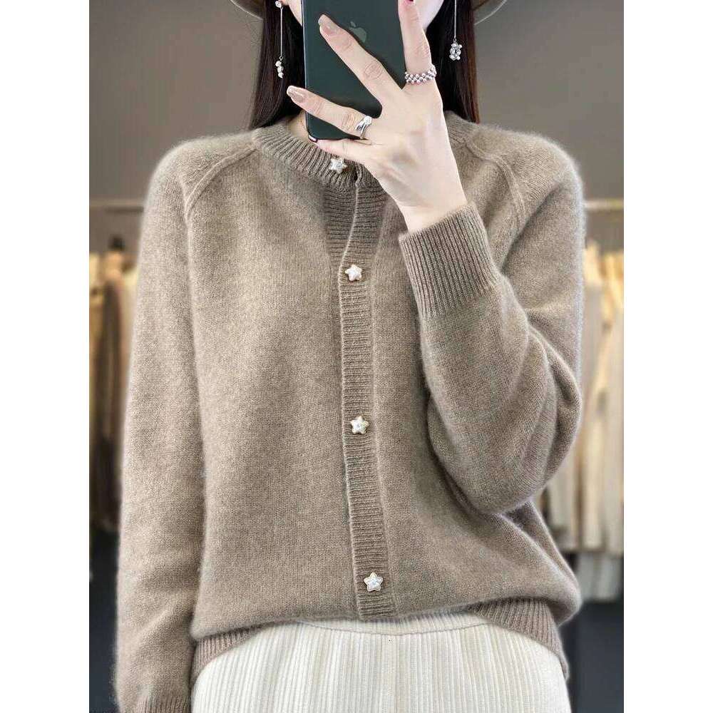 Spring New Women Cardigans 100% Merino Wool Sweater O-Neck Raglan Sleeve Thick Sloid Cashmere Knitted Coat Korean Fashion Tops MDNG