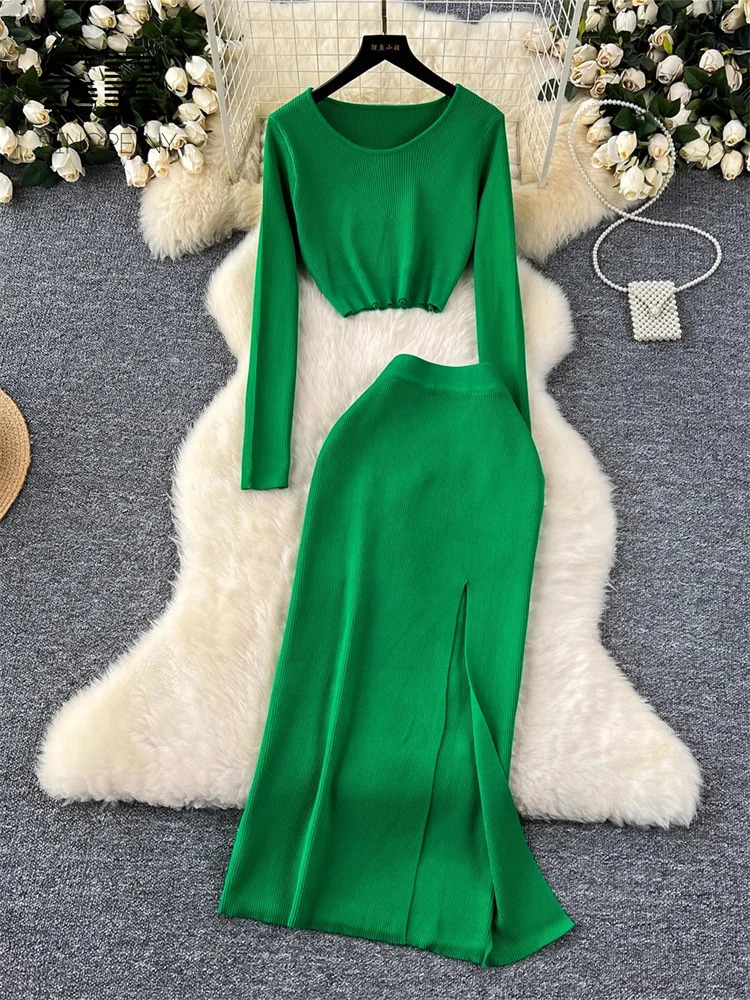 SINGREINY Autumn Skinny Knitted Sets Short TopsSlim Long Split Skirt Women Korean Style Sweater Fashion Two Pieces Suits 250728